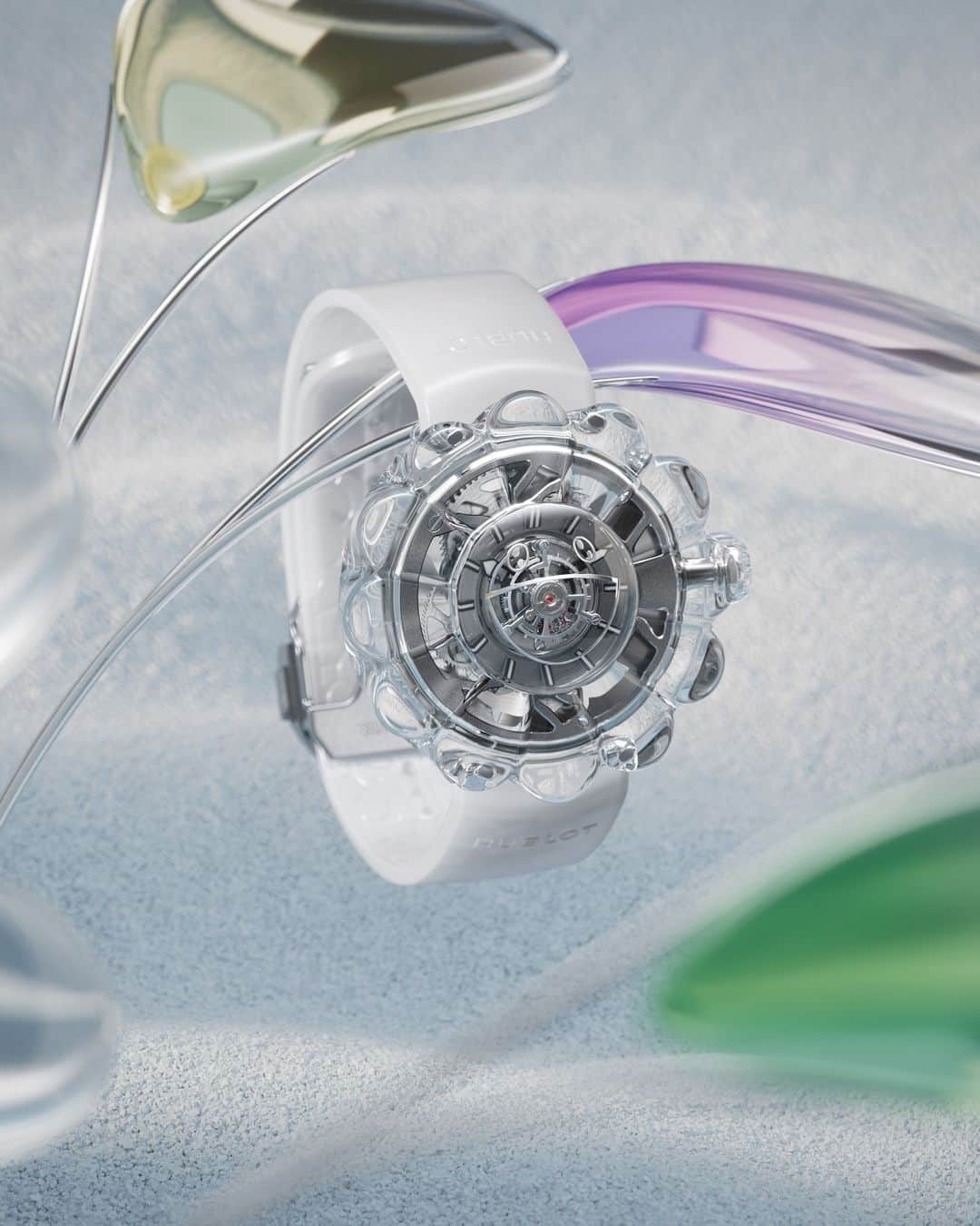 ウブロのインスタグラム：「Timeless innovation meets artistic mastery with the Hublot MP-15 Takashi Murakami Tourbillon Sapphire. A watch like no other, where the dial defies tradition, featuring a central flying tourbillon at its heart.©TM/KK #HublotMP15 #SapphireTourbillon #TakashiMurakami」