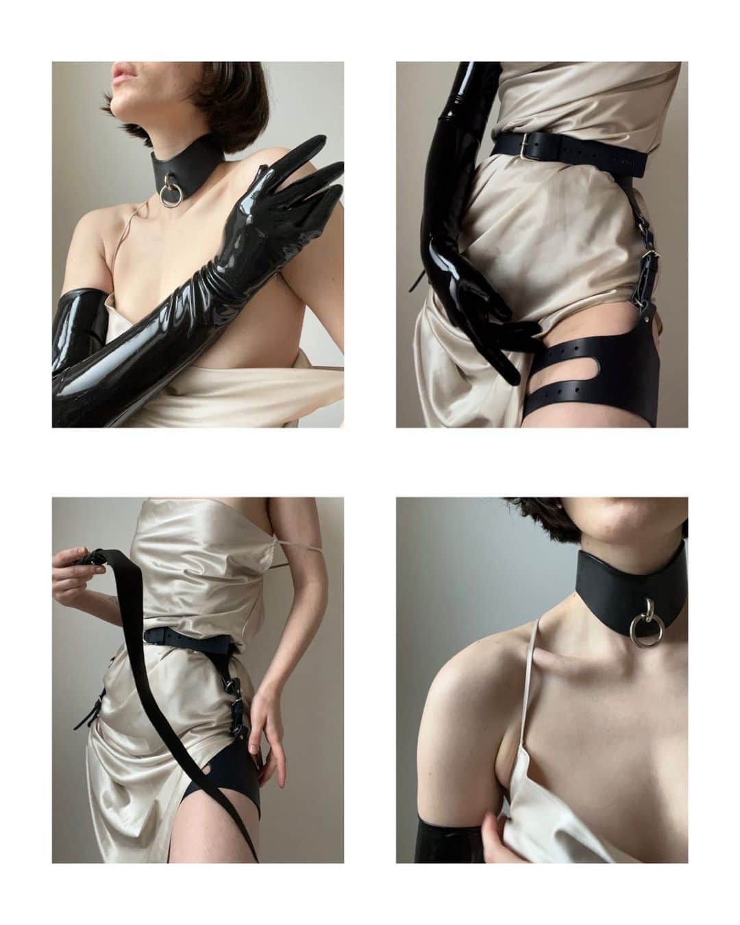 フリートイリヤのインスタグラム：「Leather & Silk… Curved O-ring Collar, Single Leg Suspender & Dragon Tail. #fleetilya」
