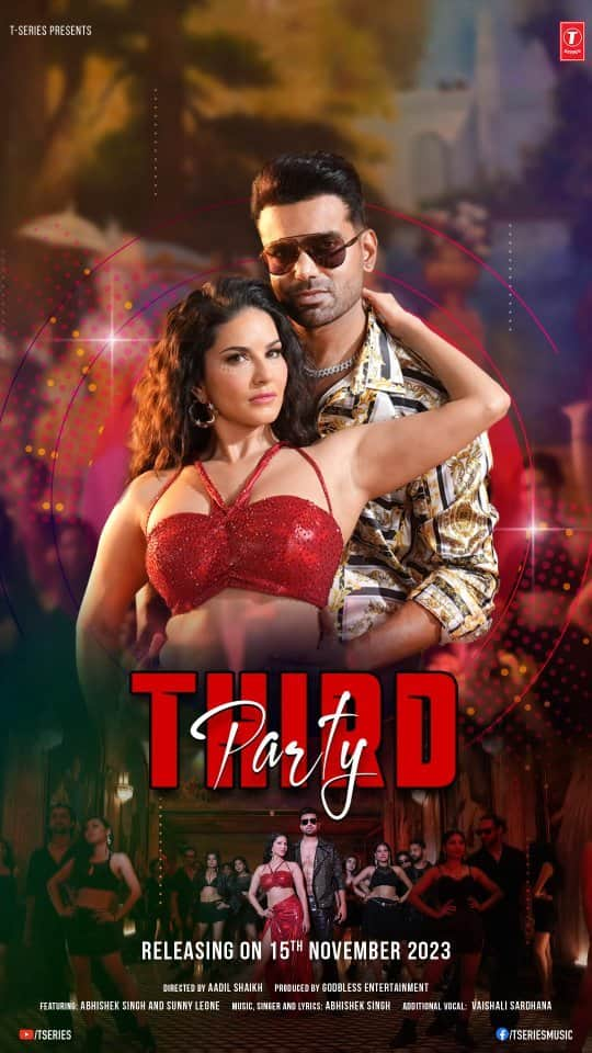 サニー・レオーネのインスタグラム：「This November 15th, we're turning up the volume and hitting the dance floor with #ThirdParty! 🎶 Get ready to groove to the rhythm of the night. 🕺🔥🎉  #tseries #BhushanKumar  @abhishek_as_it_is @sunnyleone @adil_choreographer @vaishalisardanaofficial #GodBlessEntertainment @adil_choreographer @aliza_shaikh_rimpy @ujwal_dp @sarkarroman @shake_entertainment @shakeandcut_post @oswin_cuts #featherfeetentertainment」