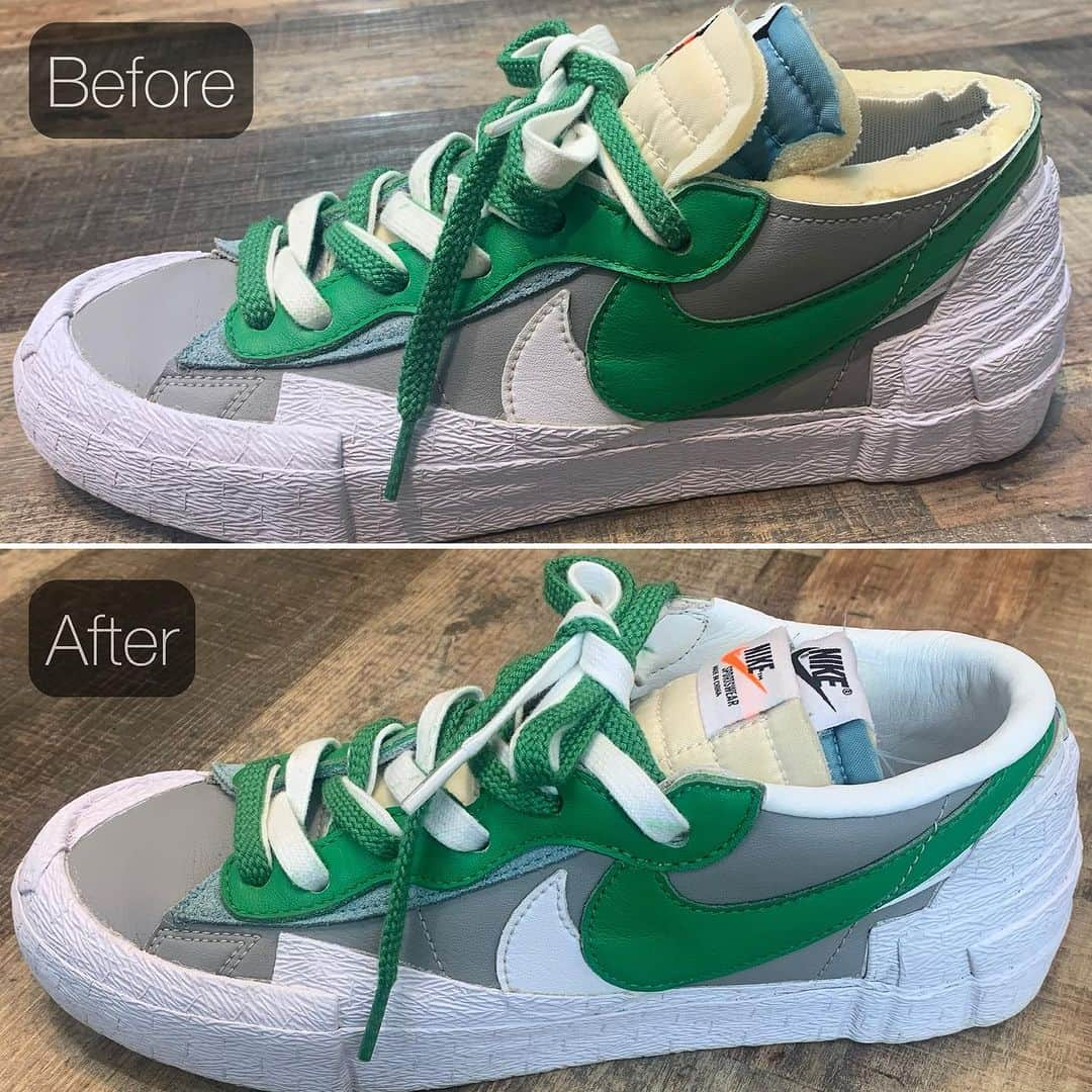 Sneaker At Randomのインスタグラム：「NIKE × SACAI BLAZER ライニングカスタム  切りっぱなしの履き口を通常の仕様のようにレザーを用いて加工を行いました。  #sneakeratrandom#スニーカーアトランダム#junkyard#ジャンクヤード#sneaker#スニーカー#スニーカー修理#スニーカーカスタム#市川#本八幡#高円寺#心斎橋#angeluspaint#アンジェラスペイント#arata#アラタ」