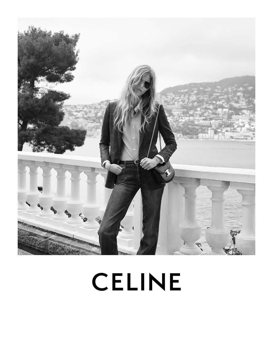 Celineのインスタグラム：「LA COLLECTION DES GRANDS CLASSIQUES 07  CELINE CHAIN BESACE CLEA  CELINE TAILORING LE BLAZER FRANÇAIS  CELINE DENIM CELINE PEARL JEANS  CELINE METAL FRAME SUNGLASSES  COLLECTION AVAILABLE NOW IN STORES AND ON CELINE.COM  IDA @HEDISLIMANE PHOTOGRAPHY AND STYLING SAINT-JEAN-CAP-FERRAT MARCH 2023  #CELINEBYHEDISLIMANE」