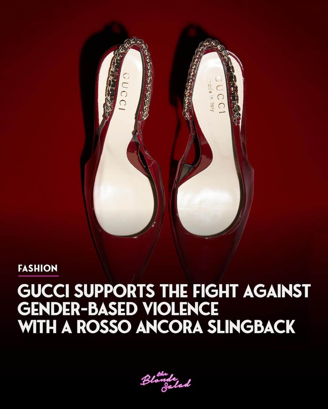 Blonde Saladのインスタグラム：「To mark the International Day for the Elimination of Violence Against Women, @gucci is taking a stand by engaging and raising awareness within its community. The brand is contributing a portion of the proceeds from sales and pre-orders of the Gucci Signoria slingbacks in the striking Ancora red variant to the upcoming 'Casa delle Donne' in Florence, a place for meeting and discussion on gender equality and rights.   In Italy, red shoes have become emblematic of the fight against feminicide and violence against women and have been displayed in many squares as a symbol of protest and awareness of this phenomenon.  Starting from the International Day for the Elimination of Violence against Women, 25 November, and until the end of the year, Gucci Signoria slingbacks in the Ancora Red colour variant will become a symbol of Gucci's commitment to the fight against gender violence. This model was first presented in September 2023 in Sabato De Sarno's debut collection, in which Gucci's Creative Director introduced his creative and aesthetic vision to the public.   📸 Courtesy of Gucci   #Gucci #SabatoDeSarno #RossoAncora #GucciSlingback #TheBlondeSalad」