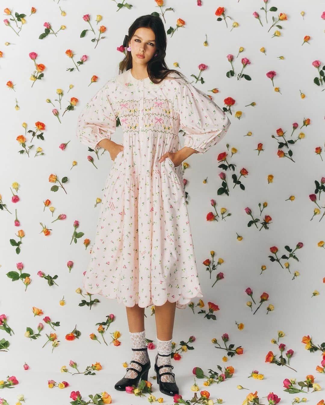 Sretsisのインスタグラム：「The age of innocence. “Apricot Candy Tea Dress” with hand-smocked and hand-embroidered detail with signature tulle collar. Shop the look at Sretsis.com and all Sretsis Boutiques.」