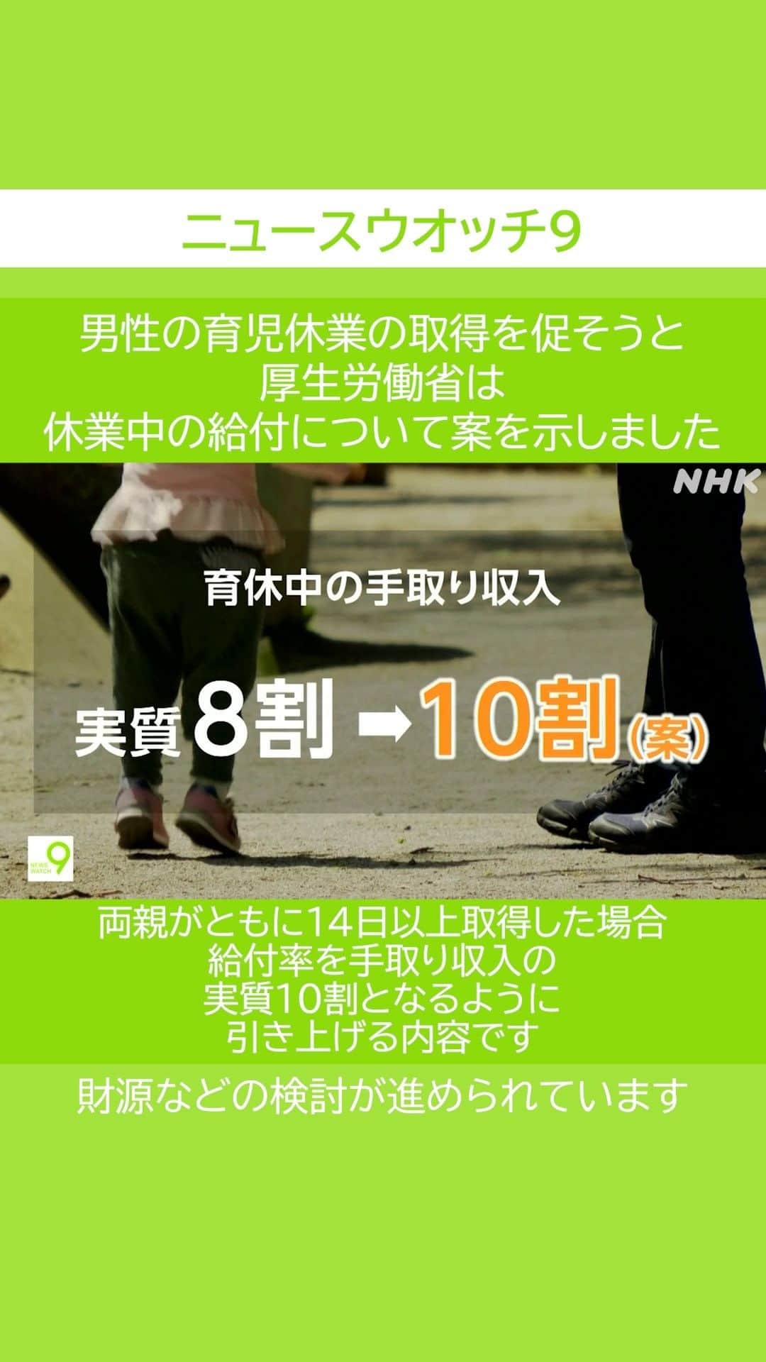NHK「ニュースウオッチ９」のインスタグラム：「男性の育児休業の 取得を促そうと 厚生労働省は 休業中の給付について 案を示しました  両親がともに 14日以上取得した場合 給付率を 手取り収入の 実質10割となるように 引き上げる内容です  財源などの検討が 進められています  #夜9時 #NHK #NHKプラス #ニュースウオッチ9 #畠山衣美」
