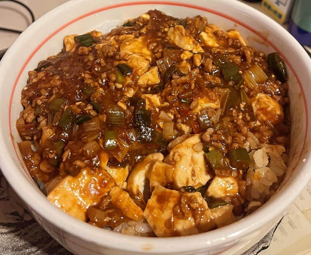 やまだひさしのインスタグラム：「孤独のグルメ 久々自炊で麻婆豆腐。 上京してバイト先で覚えたメニュー。 何回作ったんだろう。 もちろん今日も美味い。 思いっきり自分を褒めてあげよう。 #やまだひさし #ラジオ #DJ #グルメ #麻婆豆腐」