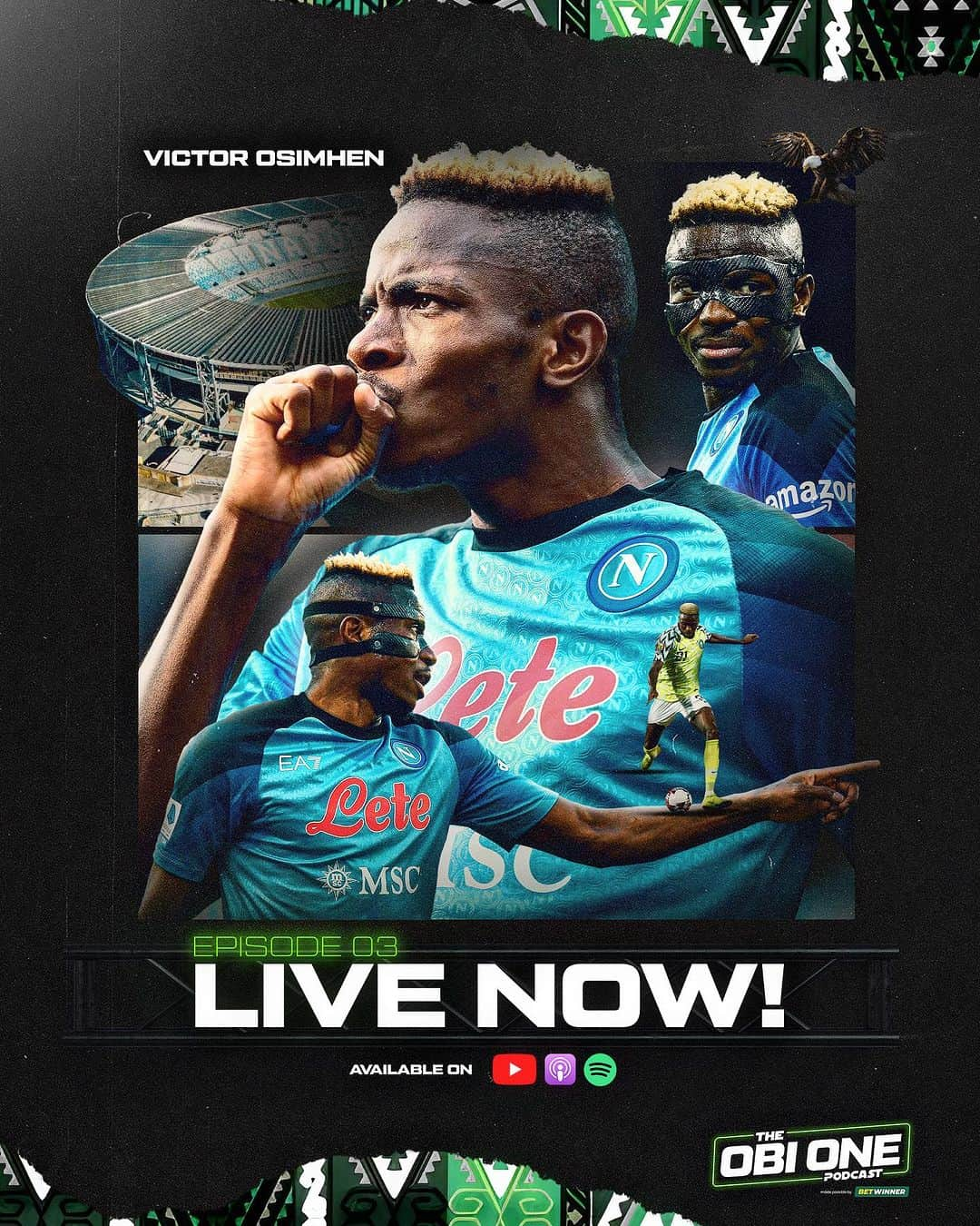 ミケル・ジョン・オビのインスタグラム：「🚨 HERE WE GO ‼️   Our exclusive interview with @victorosimhen9 🩵🇳🇬🦅 is OUT NOW!   🎧 Available to download on all your usual podcast platforms  📺 Watch our in-depth chat - in full - on our YouTube channel.   ⬆️ Links to both in our bio  🙏🏻 Please do subscribe and rate. ⭐️⭐️⭐️⭐️⭐️  #theobionepodcast #mikel #osimhen #napoli #chelsea #manutd #saudi #interview #podcast @betwinnerng @mikel_john_obi @officialsscnapoli」