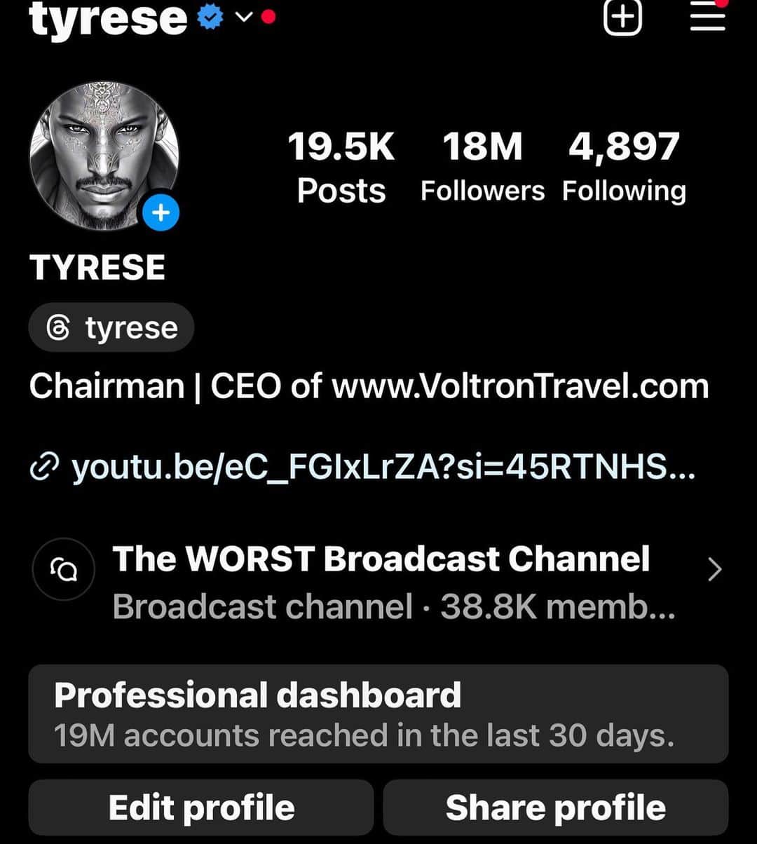 タイリース・ギブソンのインスタグラム：「19 million accounts reached and I’m at 18 million followers….  I just love y’all I swear!」