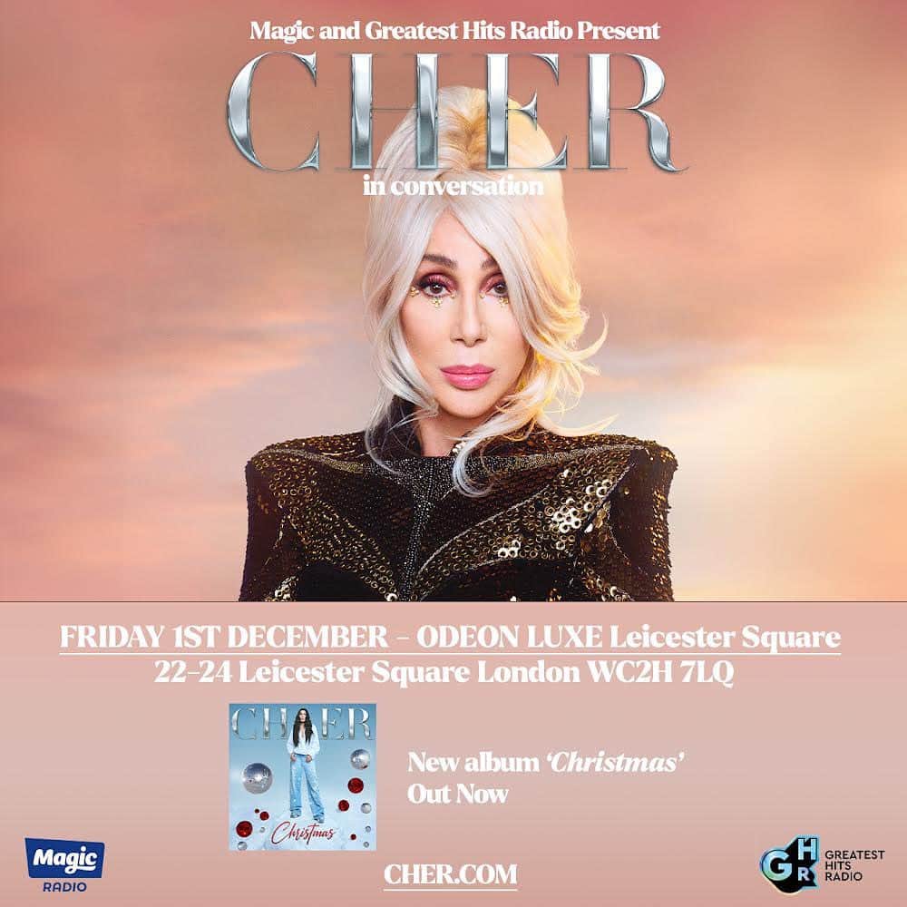 シェールのインスタグラム：「Magic and Greatest Hits Radio Present ‘Cher: in Conversation’ at ODEON LUXE, Leicester Square, London on Friday 1st December. To gain access to tickets, pre-order the Official Cher Christmas Magazine through the link in bio 🔗 by Thursday 23rd November at 12:00 GMT.」