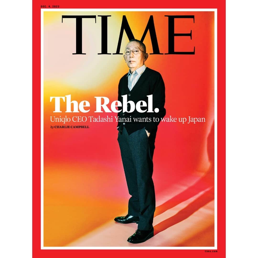 TIME Magazineのインスタグラム：「Japan's Tadashi Yanai grew Uniqlo into a global force. Now he thinks he knows how to fix his country.  “Wake up!” Yanai says squarely. “Japan is not an advanced nation at all, because we have been in a dormant state for 30 years.”  His sobering pitch is that Japan’s economy is teetering on a precipice because of an unhealthy obsession with manufacturing, workers conditioned to corporate bloat, and a budget financed by soaring debt rather than tax receipts.  Yanai is putting his money where his mouth is and in March hiked the wages of his 8,400 or so employees in Japan by up to 40%.   “That still is low; it should be much higher,” he confesses.   He’s calling on Japan’s government to take similarly proactive measures such as raising interest rates and making sweeping regulatory changes to prevent the nation of 125 million from sleepwalking into disaster.   Uniqlo’s agility and swelling global prominence runs counter to the diminishing imprint of many storied Japanese firms. Up until the 2000s, Japan teemed with engineering pioneers: Casio; Seiko; Fujifilm. But in recent years, complacency, conservative leadership, and fierce competition have seen Japanese brands fall behind.  “Japanese businesses are managed as if they are looking in the rear-view mirror,” Yanai says.  Read the cover story in full at the link in bio.  Photograph by Ko Tsuchiya (@kotsuchiya) for TIME」