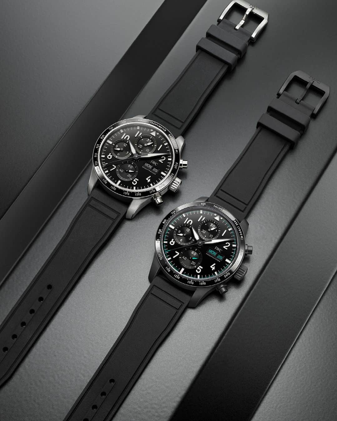 IWCのインスタグラム：「Built for speed. Using advanced materials, such as titanium or Ceratanium®, and featuring one of the most complex chronograph dial, the new Pilot's Watch Performance Chronograph 41 references are a tribute to our motorsport partners. The three recessed totalisers are finished individually before assembly on the all-black dial. Illuminated appliques ensures excellent night-time readability and the black rubber strap can be switched out easily with our EasX-CHANGE® system.  🔗 Link In Bio   Featuring our new #PerformanceChronograph collection: ⚫ Pilot's Watch Performance Chronograph 41 Mercedes AMG Petronas Formula One™ Team. (Ref. IW388306) ⚫ Pilot's Watch Performance Chronograph 41 AMG (Ref. IW388305)   #TheReference I #AMGxIWC」