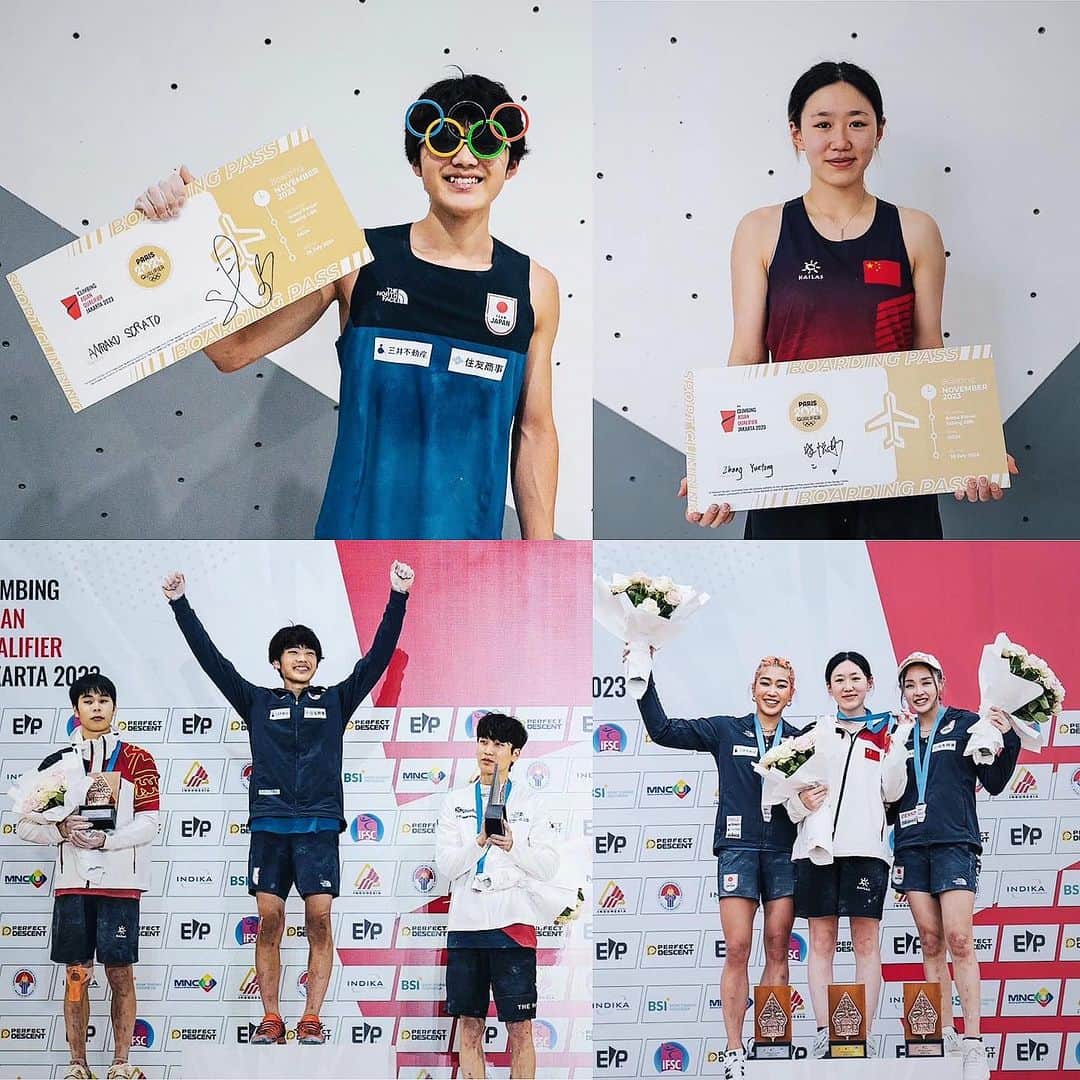 平山ユージのインスタグラム：「Last Saturday in Jakarta,Indonesia 🇮🇩  Two Olympic tickets handed out to Asian Champions✨✨🎉🎉㊗️ I was commentating for Tokyo Television livestream during competition. I had kept my eyes open and I tried to collect every small details for the comments. Hopefully people enjoy the livestream.  Congratulations to @zyue_tong and @anraku_sorato 🎉🎉  週末土曜日インドネシア🇮🇩はジャカルタで2枚のオリンピックチケットが渡されました。  その注目が集まる大会の模様を僕はテレ東のLiveストリーミングで解説させて頂き、大会の刻々と動く状況や選手の動きを解りやすく解説することに集中しました。  安楽宙人、ユートンは一発勝負のプレッシャーの中、いろいろな思い、考えがよぎったことでしょう。  世界選手権ベルンの記憶は新しく、そこを修正して強さが際立つ見事なクライミングだった宙人。それから2019年から長く暗いトンネルの中をさまよっていたユートンは、この秋から何かを掴んだのだろうか、一気にかけ上がりチケットを手にした。  オリンピックへのチケットは本当にドラマチック、選手はそれだけそこに思いを乗せているからだけど、その思いの分、選手一人一人がもの凄く進化している。  残りのチケットへは、今大会の疲労が癒えたころ再び熱い想いに火をつけて欲しい。きっと、今大会はさらに進化するための試練だと僕は思う。  参加した日本代表の選手の皆様、応援する皆様、そして選手や大会関係者皆様、お疲れ様でした。  @bc_mgmt  @tv_tokyo  Pictures repost @climbersjp   #asianqualifiers #paris2024 #sportclimbing #boulderandlead #テレ東　#テレビ東京. #olympictickets #オリンピック　#スポーツクライミング解説」