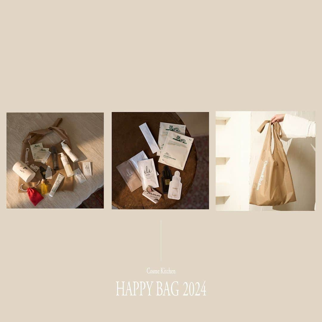 コスメキッチンさんのインスタグラム写真 - (コスメキッチンInstagram)「＼ WEB STORE 本日予約開始🎍 ／  - Cosme Kitchen HAPPY BAG 2024  ハッピーな新年を彩る、コスメキッチンの人気アイテムを詰め込んだ数量限定バッグがコスメキッチン WEB STOREにて予約開始！🛍️  髪や肌に優しいアルカリ還元イオン水をベースに、補修、保湿力に優れた成分配合にこだわった、O by Fのシャンプー、トリートメントをはじめ、コスメキッチンの化粧品部門で1位を取り続けているF organicsのモイスチャーローション、美味しくビタミンC補給を叶えるto/oneのフラワーティーフレッシュベリーが現品サイズでイン。 また、このキットでしか手に入らないsoelの限定ポーチに入ったセサミオイルもセットになって、約20,000円相当が8,800円（税込）に！🧧  さらには、VTのシートマスク2枚や、elecuireのヘアケアアイテム、お試しサイズの大人気m.m.mのスキンスムーザーをはじめ、発売前のアイテムが一足先にお楽しみいただけるサシェをラインアップ。  ■キット内容 ・【O by F】モイストシャンプー 250mL ・【O by F】リペアトリートメント 250g ・【F organics】モイスチャーローション 150mL ・【to/one】フラワーティー フレッシュベリー＜20包＞ ・【ecostore】トゥースペースト＜ホワイトニング＞ 100g ・【soel】LIVING-OIL オーガニックセサミオイル 30mL 限定ポーチ付き ・【VT】VT シカナチュラル マスク 2枚  ・【SNIDEL BEAUTY】リファイニング パウダーウォッシュ サシェ ・【FEMMUE】イルミナス ベルベット サシェ ・【FEMMUE】ルミエール ヴァイタルC サシェ ・【ele cuir】スリーエレメントシャンプー（L&F） サシェ ・【ele cuir】グロッシー＆スムースコンディショナー（L&F） サシェ ・【ele cuir】デュアル マスク (スカルプ＆ヘア) サシェ ・【m.m.m】スキンスムーザー PW ミニサイズ ・未発売アイテムのお楽しみサシェ ・【Cosme Kitchen】オリジナルエコバッグ  #cosmekitchen #コスメキッチン #naturalcosmetics #ナチュラルコスメ #ハッピーバッグ #happybag #福袋」11月14日 9時57分 - cosmekitchen