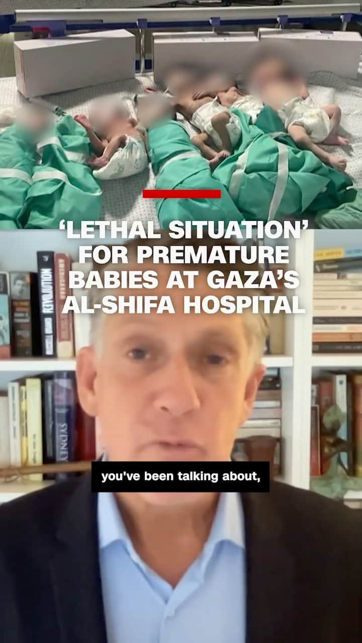 CNNのインスタグラム：「UNICEF spokesperson James Elder tells CNN that the situation for premature babies at Gaza’s Al-Shifa hospital is “lethal.” The hospital’s director told CNN that babies have been taken off incubators due to the power outage and are being wrapped in foil to keep them alive. The Israeli army told CNN it is engaged in “ongoing intense fighting” against Hamas in the vicinity of the hospital complex but rejected suggestions the hospital is under siege.」