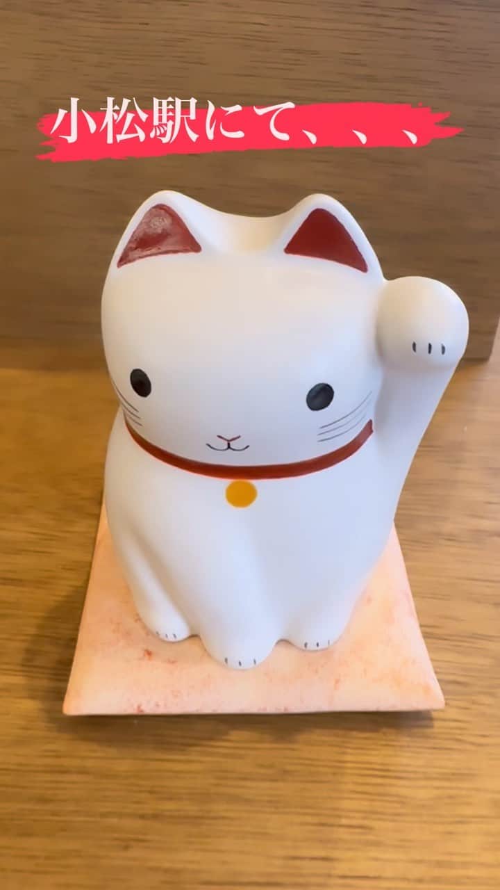 木山裕策のインスタグラム：「小松駅にて可愛い招き猫発見‼️  これ、ただの招き猫でなくて、、、  めっちゃ可愛いでしょ？  そして、最後のオチもサイコーです🤣🤣🤣  #九谷焼 #まねきねこ #招き猫リョーシカ」
