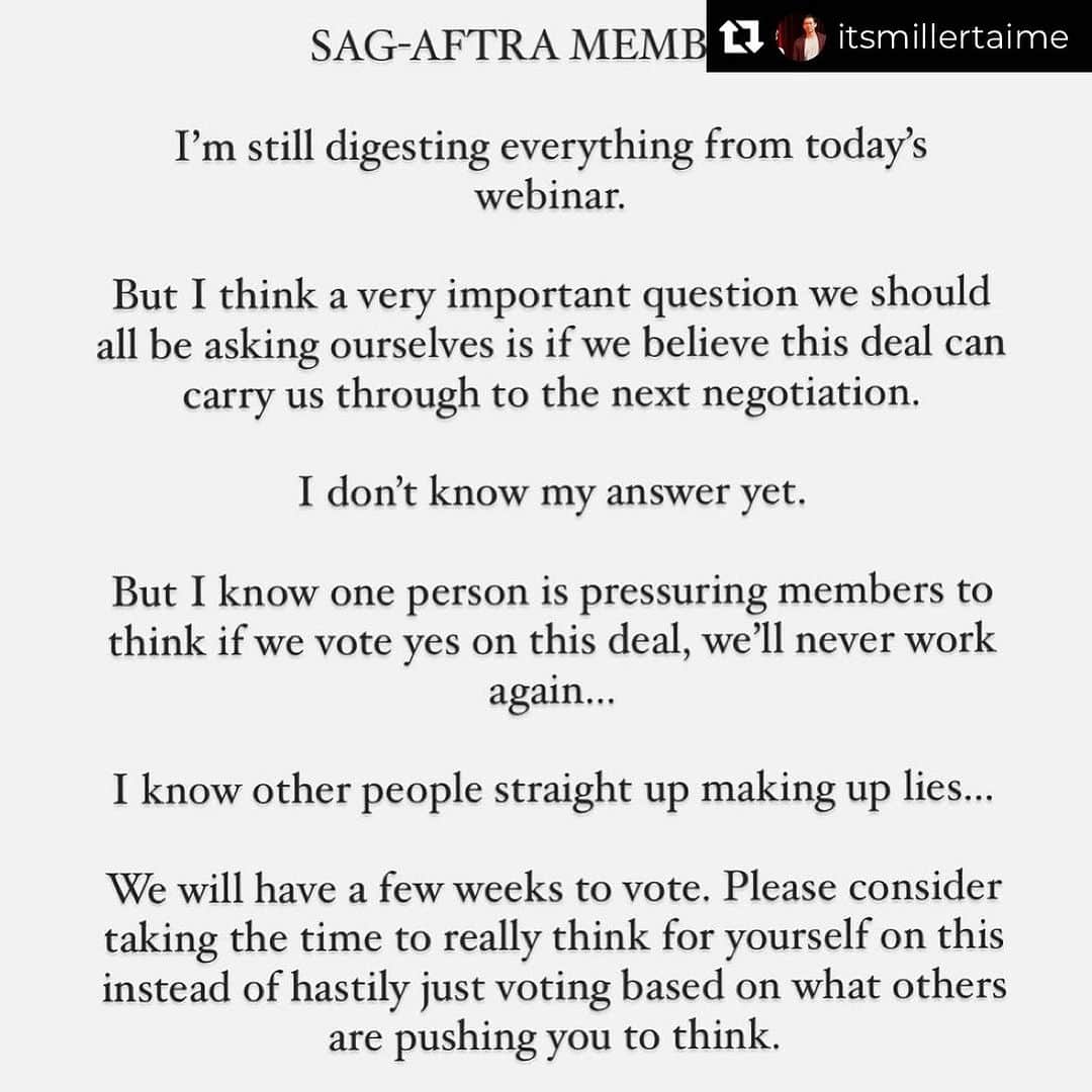 テイト・エリントンのインスタグラム：「Repost from @itsmillertaime • SAG-AFTRA MEMBERS  It’s okay to not know how to vote yet! Consider waiting to decide rather than just hastily voting based on what others are saying!」