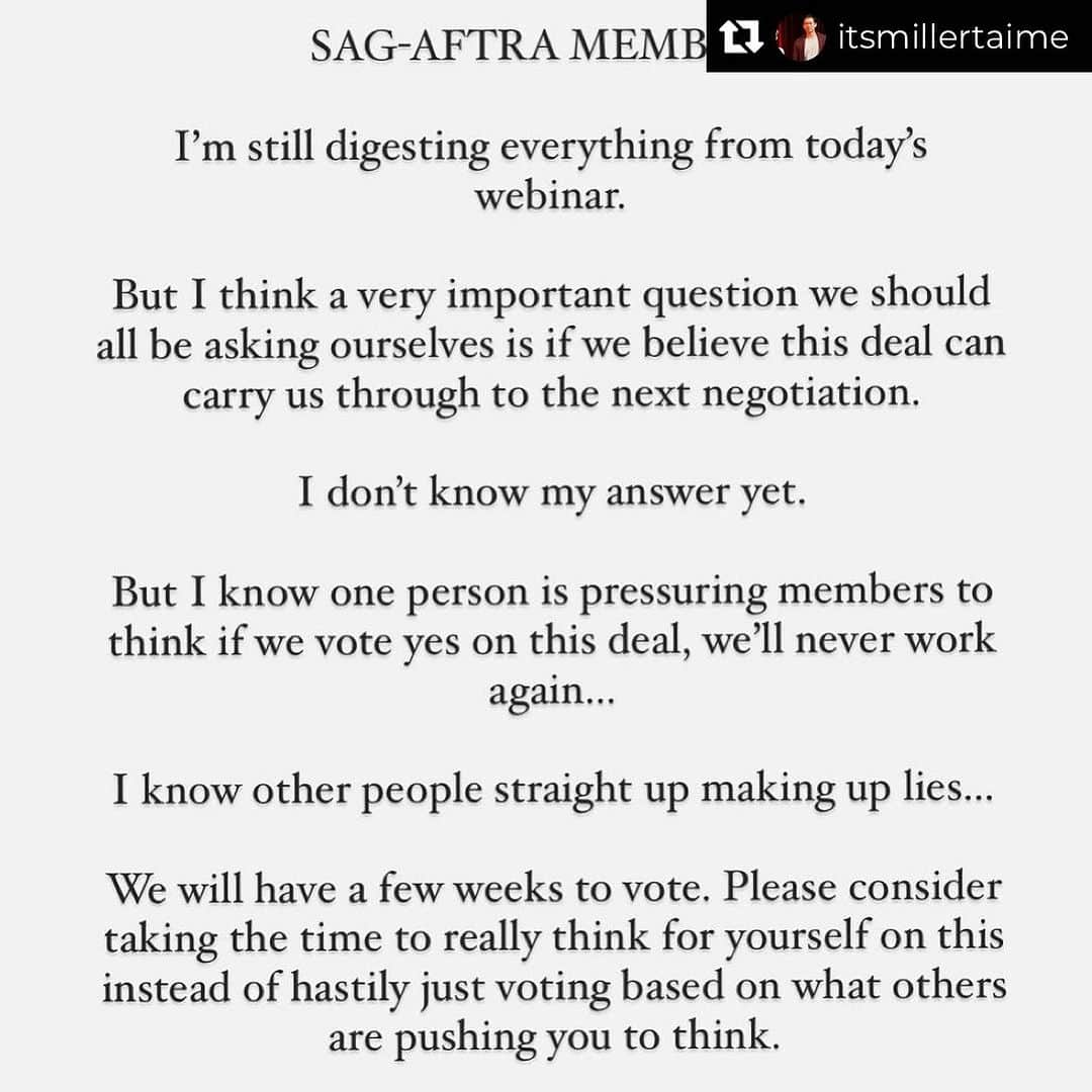 テイト・エリントンさんのインスタグラム写真 - (テイト・エリントンInstagram)「Repost from @itsmillertaime • SAG-AFTRA MEMBERS  It’s okay to not know how to vote yet! Consider waiting to decide rather than just hastily voting based on what others are saying!」11月14日 10時46分 - tateellington