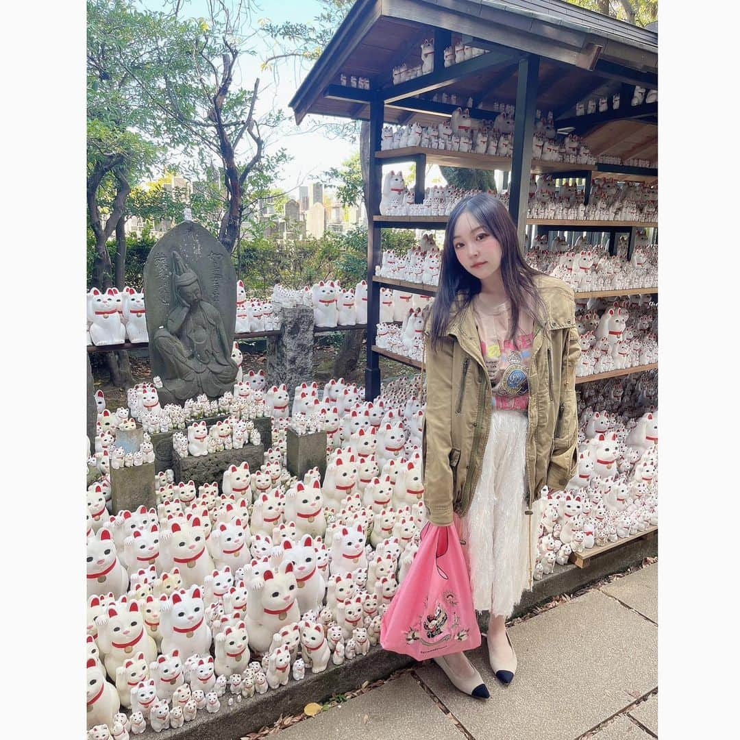 詩音のインスタグラム：「豪徳寺🐈⸒⸒⸒⸒ めちゃくちゃ綺麗な写真撮れた(2枚目) 生まれて初めて招き猫をいただきました。 外国人の観光も多かった！！ 招き猫の奉納がすごくてびっくりだった！！ #御朱印ガール #豪徳寺 #招き猫」