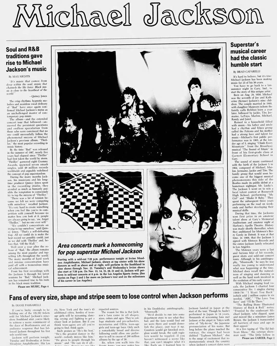 マイケル・ジャクソンのインスタグラム：「On this date in 1988, Michael brought the Bad Tour to the Los Angeles Memorial Sports Arena. Were you there? There were five more sold out Bad Tour shows at the Sports Arena, performed two months later in January 1989. The LA Times dedicated a full page spread to Michael in advance of the first sold out performance.」