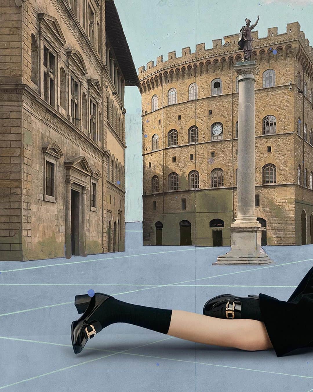 サルヴァトーレ・フェラガモのインスタグラム：「Ferragamo introduces “Journey to Florence”. The new 2023 Holiday Campaign brings us back to Florence, the city where everything started, the beating heart of the Maison’s New Renaissance, and a timeless symbol of Italian craftsmanship and culture.  Campaign Concept and Creative Direction @ferdinandoverderi Lensed by @rafaelpavarotti_ Back painting by @paolo.ventura」