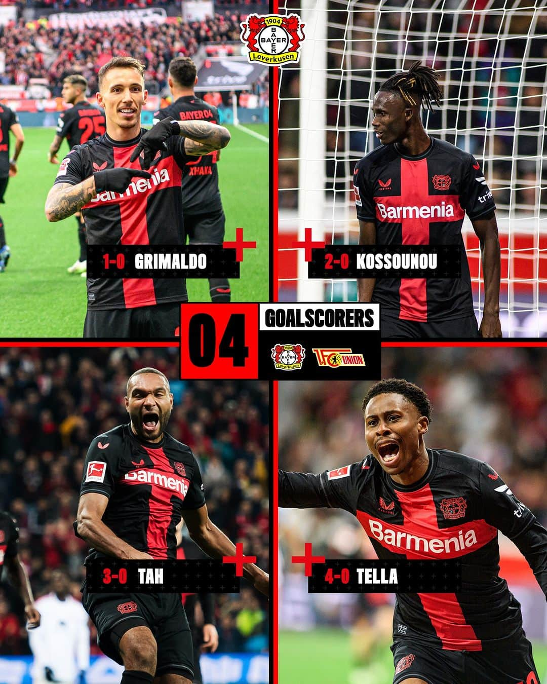 バイエル・レバークーゼンのインスタグラム：「04 goals 🟰 04 scorer 💪  🔙 #B04FCU 4-0 #Bundesliga #Bayer04 #Werkself」