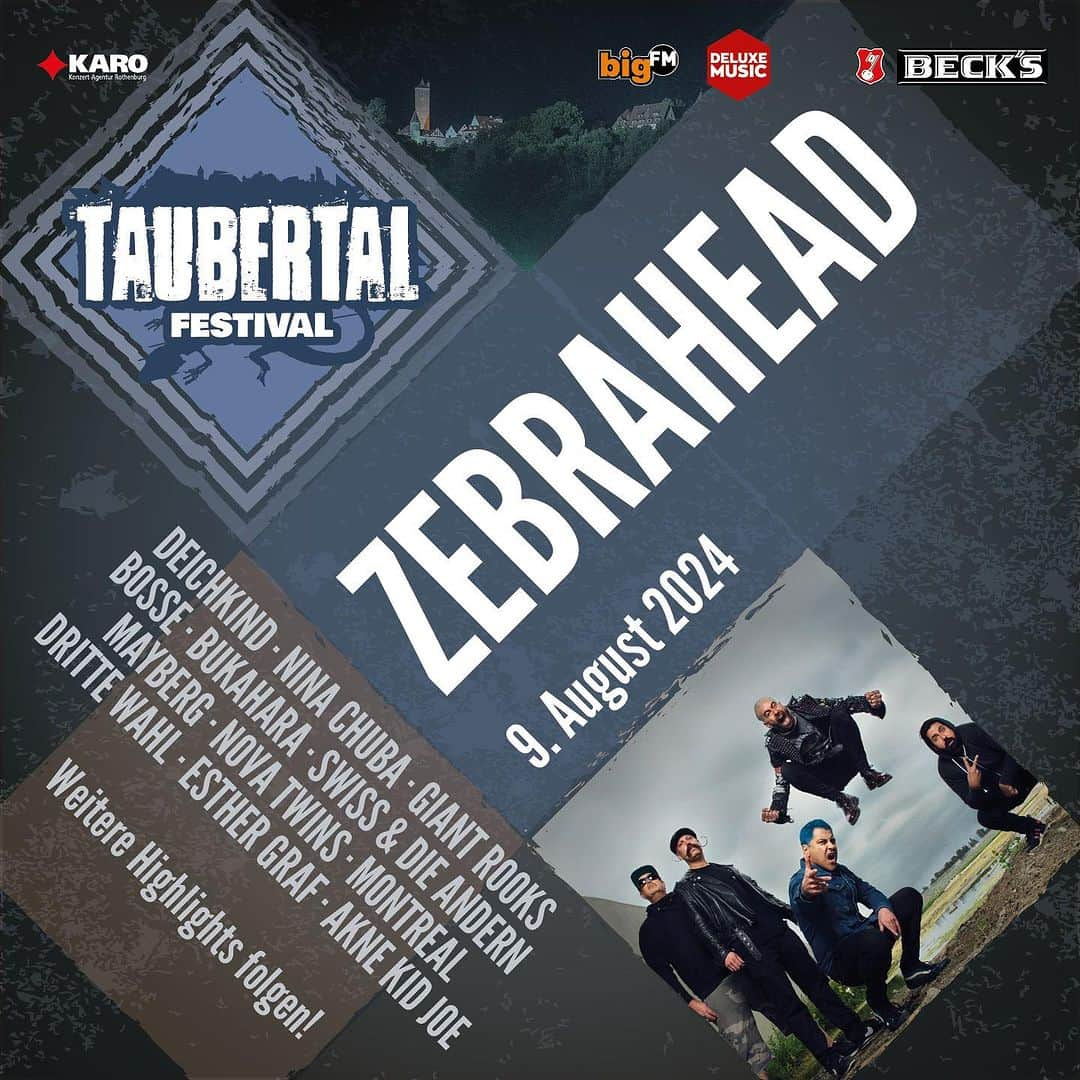 Zebraheadのインスタグラム：「Hey Germany!  We are coming back to play Taubertal Festival.  See you there. Truly an amazing location and amazing festival.   XOXOXOXO  Ticketlink: https://taubertal-festival.de/tickets/」