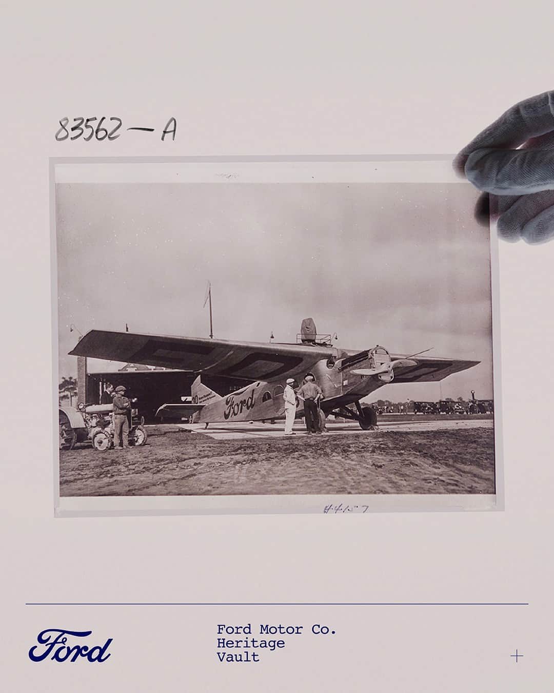 Fordのインスタグラム：「"Almost 100 years ago Ford vehicles weren’t just on the roads, they were also in the sky. In the late-1920s, the Ford Tri-Motor was standard. Nicknamed the ‘Tin Goose,’ nearly 200 Ford airplanes were built.   “Ford helped to awaken public interest in commercial airplanes and prove that aviation was much safer than expected by flying thousands of miles in the Ford Reliability Tours from 1926 to 1931. Along the way, the Tri-Motor established many firsts in aviation, including the first enclosed pilot’s cabin, wheel brakes, heaters, donut tires and full cantilever wings.” — Ciera Casteel, Collections Archivist  Use the link in bio to see more of the Ford Heritage Vault.  Disclaimer: Archival footage shown. Claims based on historical data.」
