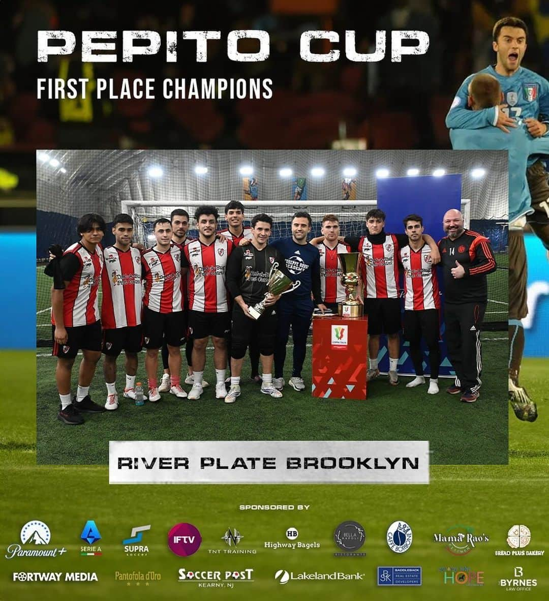 ジュゼッペ・ロッシのインスタグラム：「What a great day of futbol ⚽️ Thank you to all teams, players and sponsors who made this possible!  Creating a community where we share the same passion for this beautiful game is what we try to do with the Pepito Cup‼️ Congrats to River Plate Brooklyn for bringing home the cup🏆🏆🏆🏆  Bragging rights are all yours..til next time😉 #PepitoCup」