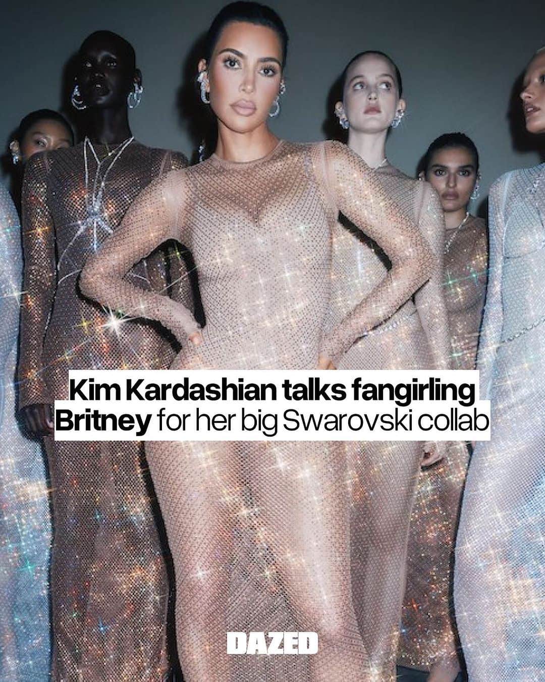 のインスタグラム：「“We had a lot of old Hollywood glam, down to the Marilyn Monroe gown I wore, and even that Britney Spears “Toxic” catsuit on the moodboard,” - Kim Kardashian⁠ ⁠ On-site @kimkardashian discusses her crystallised @skims collection, having free range to go ‘full bling’, and whether a second collaboration could be on the cards ✨⁠ ⁠ Tap the link in bio to read more 🔗⁠ ⁠ ✍️ @emmaedavidson⁠ 📸 Vanessa Beecroft, Courtesy of @swarovski⁠ ⁠ ⁠#DazedFashion #KimKardashian #SKIMS #Swarovski⁠」
