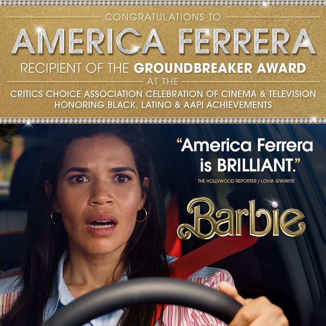 Warner Bros. Picturesのインスタグラム：「Join us in congratulating @AmericaFerrera on being awarded the Groundbreaker Award for her work on #BarbieTheMovie at this year’s #CriticsChoice Celebration of Cinema & Television honoring Black, Latino & AAPI Achievements on December 4th. #CCCelebration」