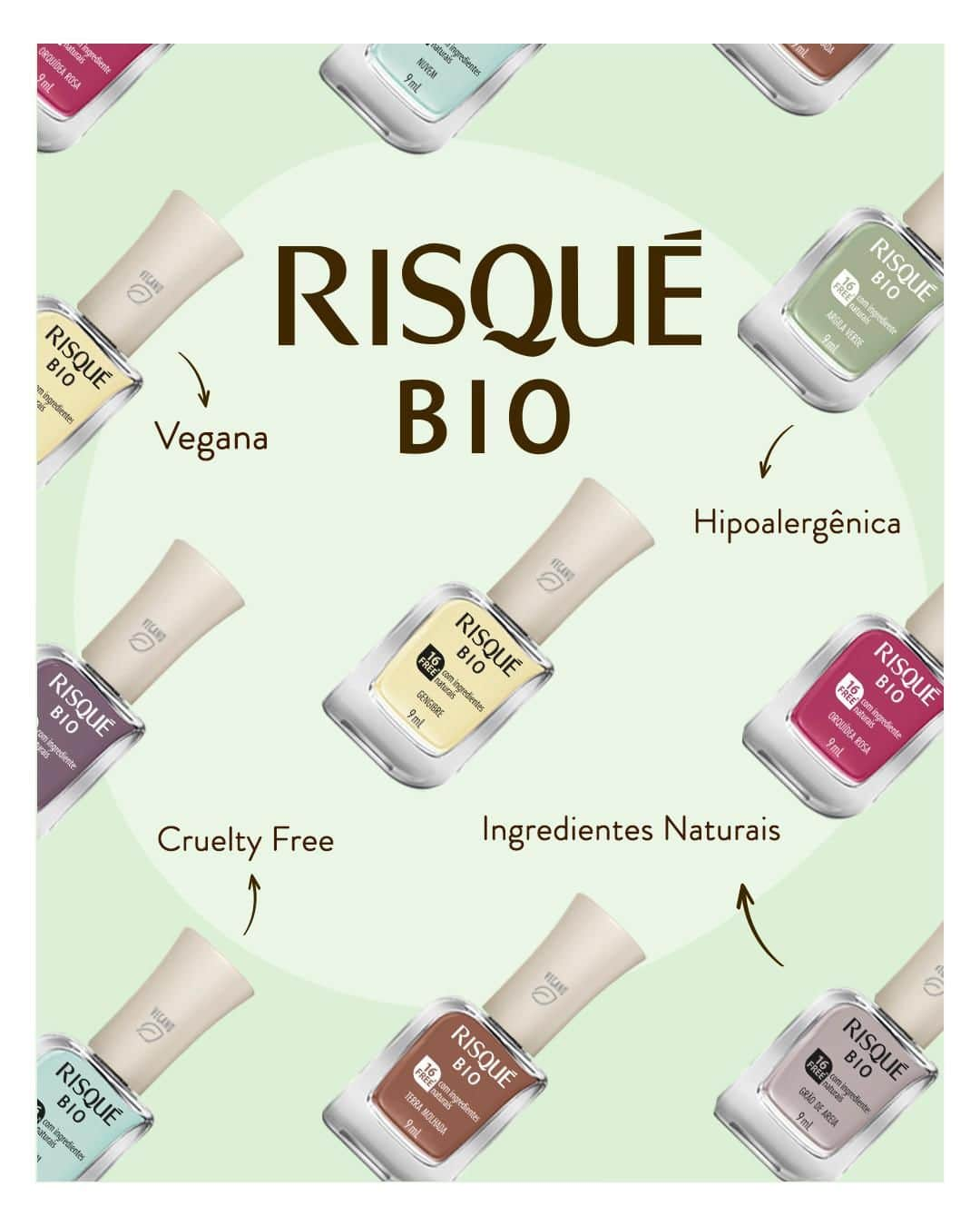 Risqueさんのインスタグラム写真 - (RisqueInstagram)「É vegana, cruelty free e livre de ingredientes com potencial alergênico. 💅 Agora com 7 novas cores, Risqué Bio é perfeita para pensar verde de uma maneira ainda mais colorida.  Já disponível no link da bio.  #RisquéBio #EsmaltesRisqué #RisquéOficial #EsmaltesVeganos」11月14日 6時00分 - risqueoficial