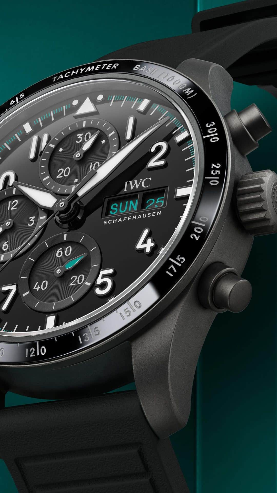 IWCのインスタグラム：「Performance powerhouse at any angle.   The Pilot’s Watch Performance Chronograph 41 @mercedesamgf1 Team (Ref. IW388306) features our most technically complex dials set within a Ceratanium® case. The bezel features a tachymeter scale to measure average speed, perfect for motorsport. The bi-directional pawl winding system on our 69385-caliber movement builds up a 46-hour power reserve.   #PerformanceChronograph I #TheReference」