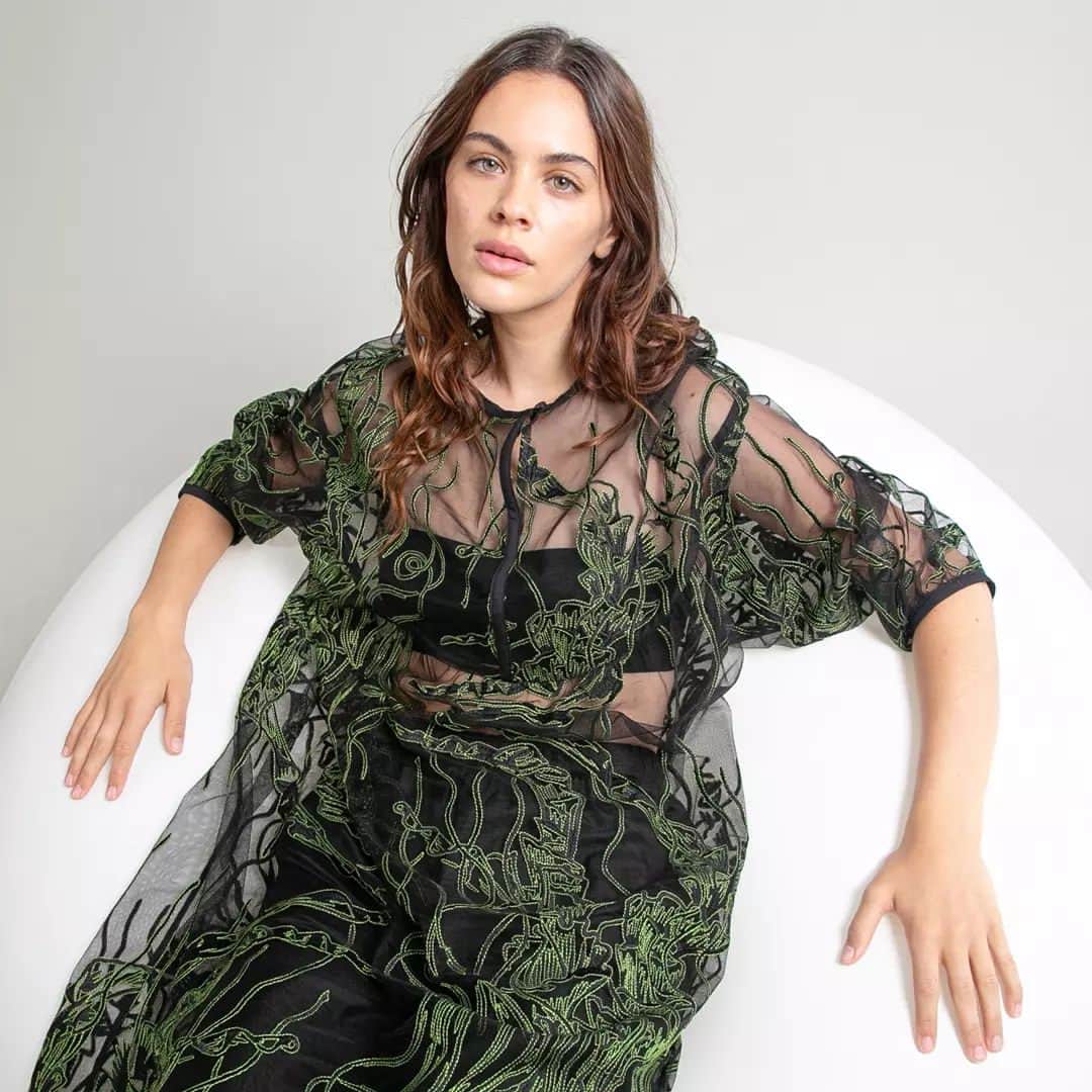 アルファ60のインスタグラム：「Introducing new silhouette, the SAL Dress. A unique oversized style with a voluminous skirt that has been gathered to create a balloon silhouette. Cut from a sheer custom embroidered mesh fabric. Style it on its own or wear with our Riley Slip Dress.」