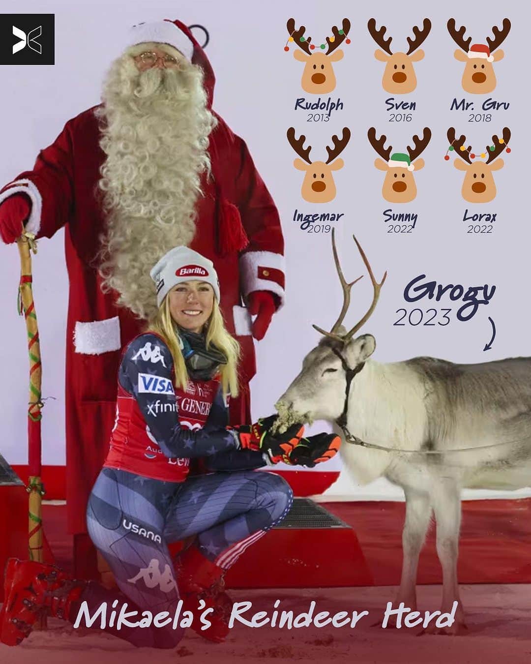 ミカエラ・シフリンのインスタグラム：「Only two reindeer away from a full sleigh 💅   @mikaelashiffrin winning World Cups and reindeer will always be one of the most entertaining sports moments to cover🎿」
