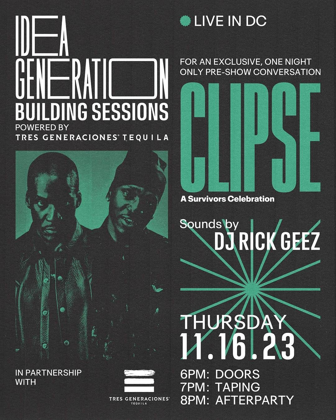 プシャ・Tのインスタグラム：「🚨 We will be LIVE with CLIPSE in Washington, DC THIS THURSDAY 11/16.💡  @kingpush and @nomalice757 will sit down with @n_c_b to discuss their iconic careers, @djrickgeez will keep the vibes going at the afterparty, and @tresgeneracionestequila will be serving up drinks all night. Oh… and it’s FREE. RSVP at the link in bio.  These live events have been amazing, and you don’t want to miss this one. See you at the show. YUUGH!」