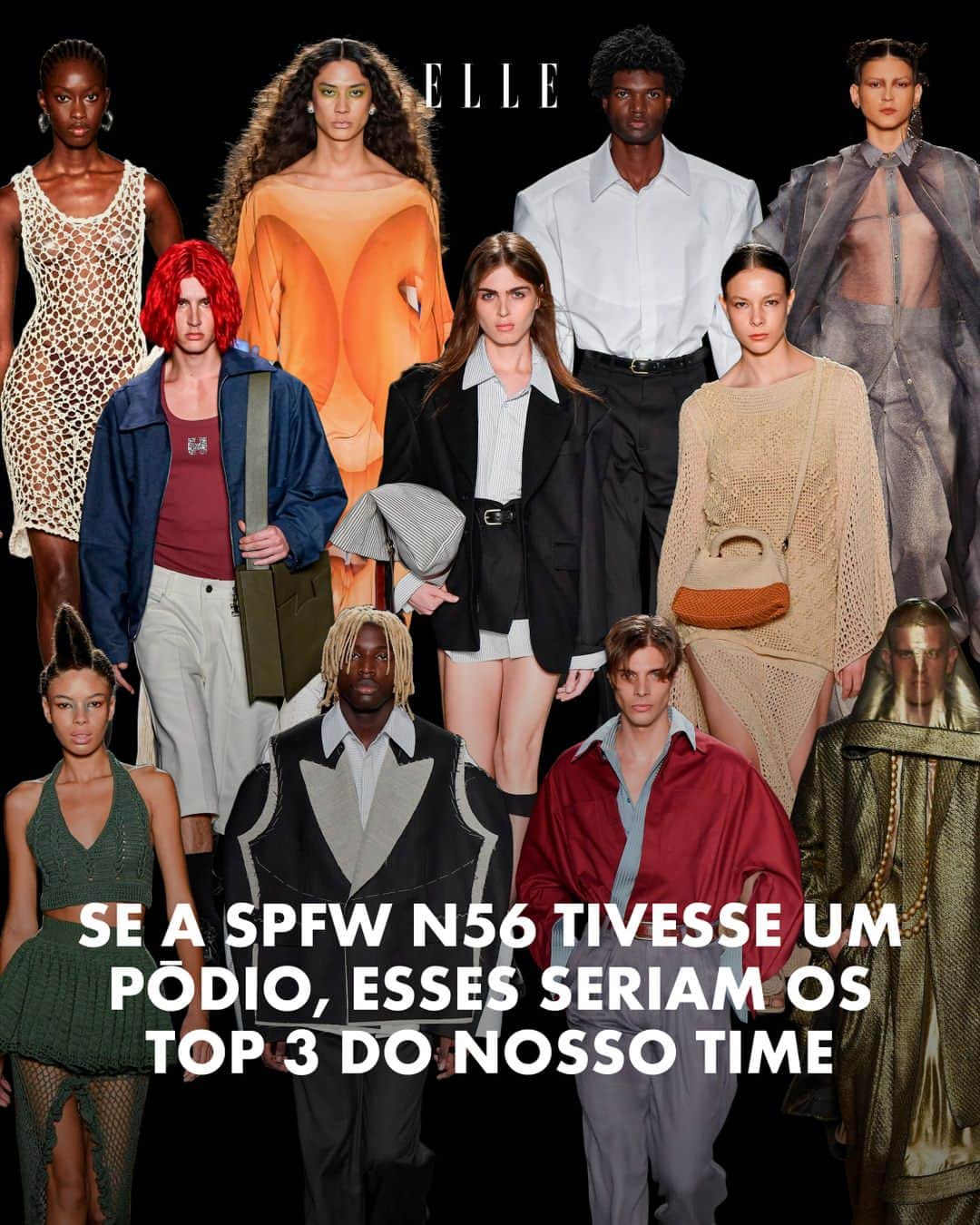 ELLE Brasilのインスタグラム：「And the winner is… @__mateuscardoso__. Não teve jeito, o estreante roubou o coração da equipe da ELLE Brasil na SPFW N56 e foi escolhido por todos no pódio desta edição. Mas também tem algumas menções honrosas de coleções que nos conquistaram, como @ateliemaodemae e @joao_pimenta. No carrossel, você confere o pódio do diretor de moda @_luigitorre, dos editores @gabrielhmonteiro, @santosali e @chantalsordi, da editora-assistente @giumesquita e da repórter @lelesanthana. Em elle.com.br, tem todas as justificativas das escolhas, corre lá pra ler.  Deixe nos comentários quem merece levar a medalha da edição. 🥇🥈🥉」