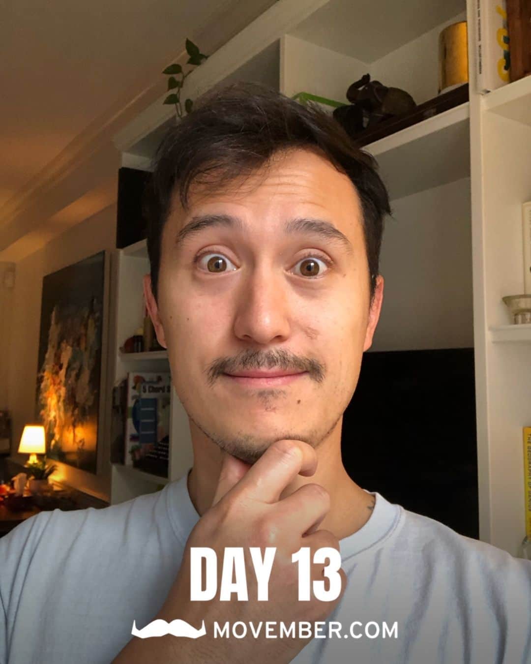 パトリック・チャンのインスタグラム：「Day 13: Mustache status - a work in progress, just like Mondays 😅 #Movember #StacheStruggles  To donate, visit the link in my bio.」