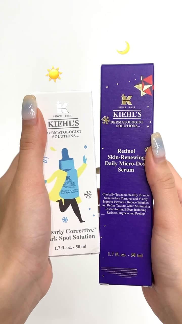 キールズ Kiehl's Japanのインスタグラム：「#キールズ がおすすめする「朝C夜A」をホリデイ限定エディションで🎄 ビタミンC配合の透明美白美容液を朝に使用することで、日中のダメージから肌を保護☼ また、ビタミンA配合のレチノール美容液を夜に使用することで、日中受けたダメージを集中ケアします🌙 @kiehlsjp #Kiehls #スキンケア #キールズ透明美白美容液 #キールズレチノール美容液 #キールズホリデイ2023」