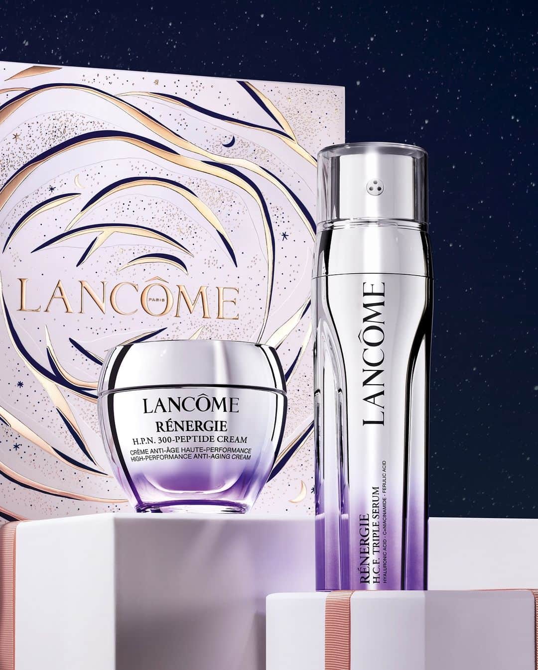 Lancôme Officialのインスタグラム：「Under the winter holidays stars, your skin will shine brighter than ever through the high-performance regenerating power of the Rénergie H.P.N. 300-Peptide Cream and Rénergie H.C.F. Triple Serum. Gift the extraordinary with Lancôme.  #Lancome #LancomexLouvre #Holiday23」