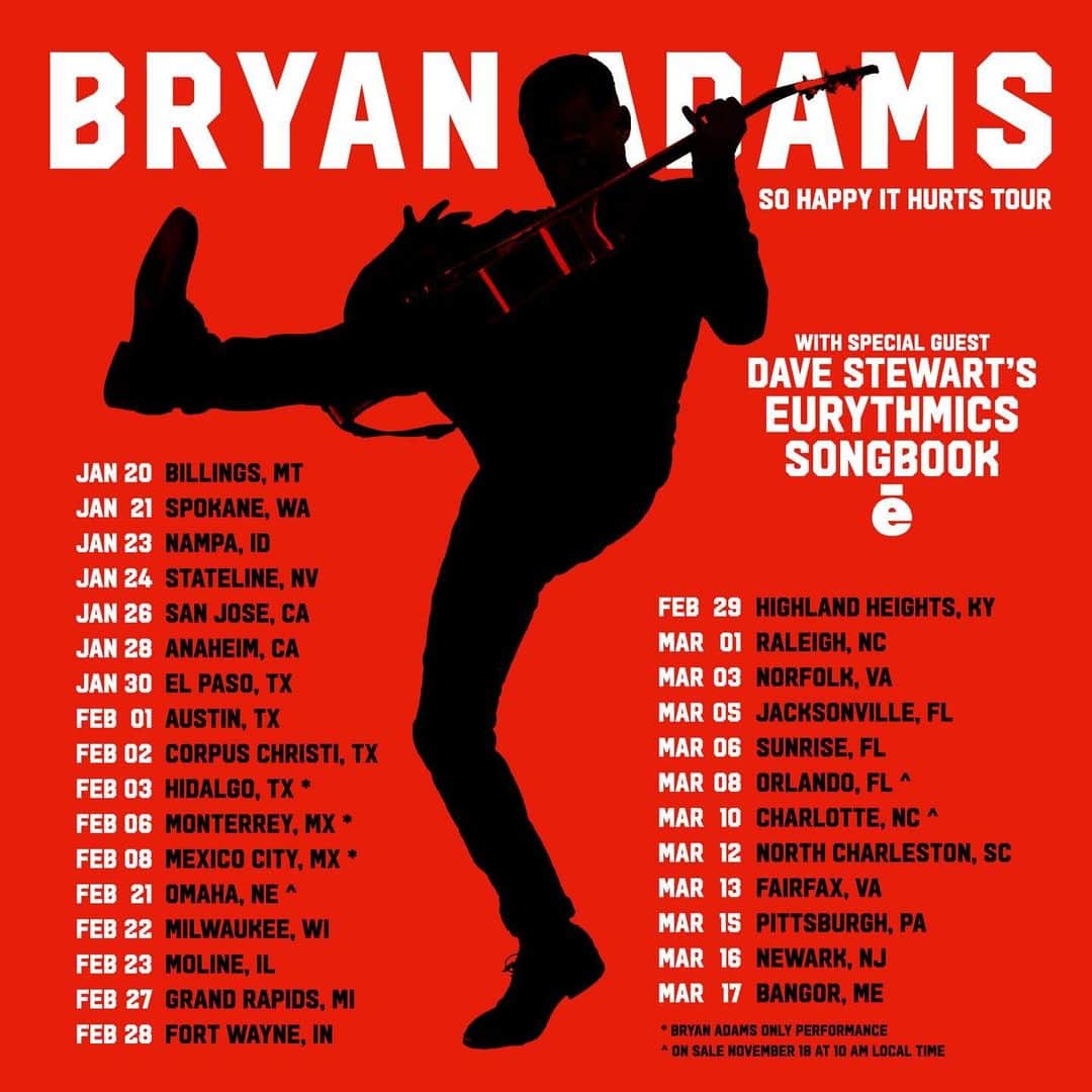 ブライアン・アダムスのインスタグラム：「The second leg of our North American tour, is up and you can book tickets with the Artist Presale, from the 14 November at 10am local time with the password: SOHAPPYUSA (special guests Dave Stewart’s Eurythmics songbook) #sohappyithurts」