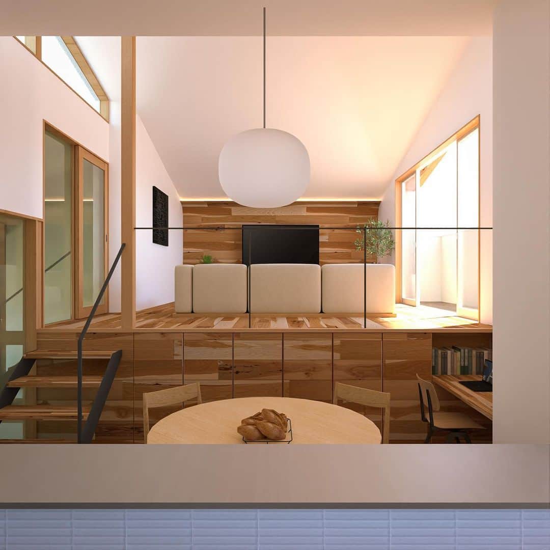 一級建築士事務所hausさんのインスタグラム写真 - (一級建築士事務所hausInstagram)「中庭付き新築住宅『haus-curv』ダイニングとリビング両方から階段ホールへアクセスできるようになりました♪  □haus-curv□ 兵庫県神戸市西区 #haus_curv   #建築家 #建築 #住宅 #家 #注文住宅 #新築 #設計 #デザイン #神戸 #中庭のある家 #ダイニング #パース #リビング #曲線 #スキップフロア #architect #architecture #build #diningroom #design #livingroom #perspective #courtyard #haus #house #skipfloor #housedesign #instahome #一級建築士事務所haus」11月14日 11時48分 - hausuma