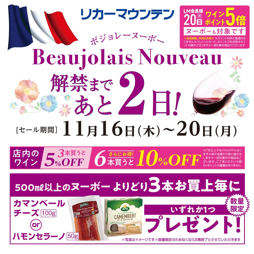 おいしいお酒はリカマン♪のインスタグラム：「⁑ ＼ 11/16(木)はボジョレーヌーボー解禁日！ ／  いよいよ解禁2日前となりました。 16日より5日間、ボジョレーヌーボー解禁に伴い、特別企画をたくさんご用意しております！  この機会にぜひお越しください！   #リカーマウンテン #リカマン #飲酒ダグラム #お酒好きな人繋がりたい #ワイン好きな人と繋がりたい #ボジョレーヌーボー解禁 #ボジョレーヌーボー #ボジョレー #ボジョレーヌーヴォー」