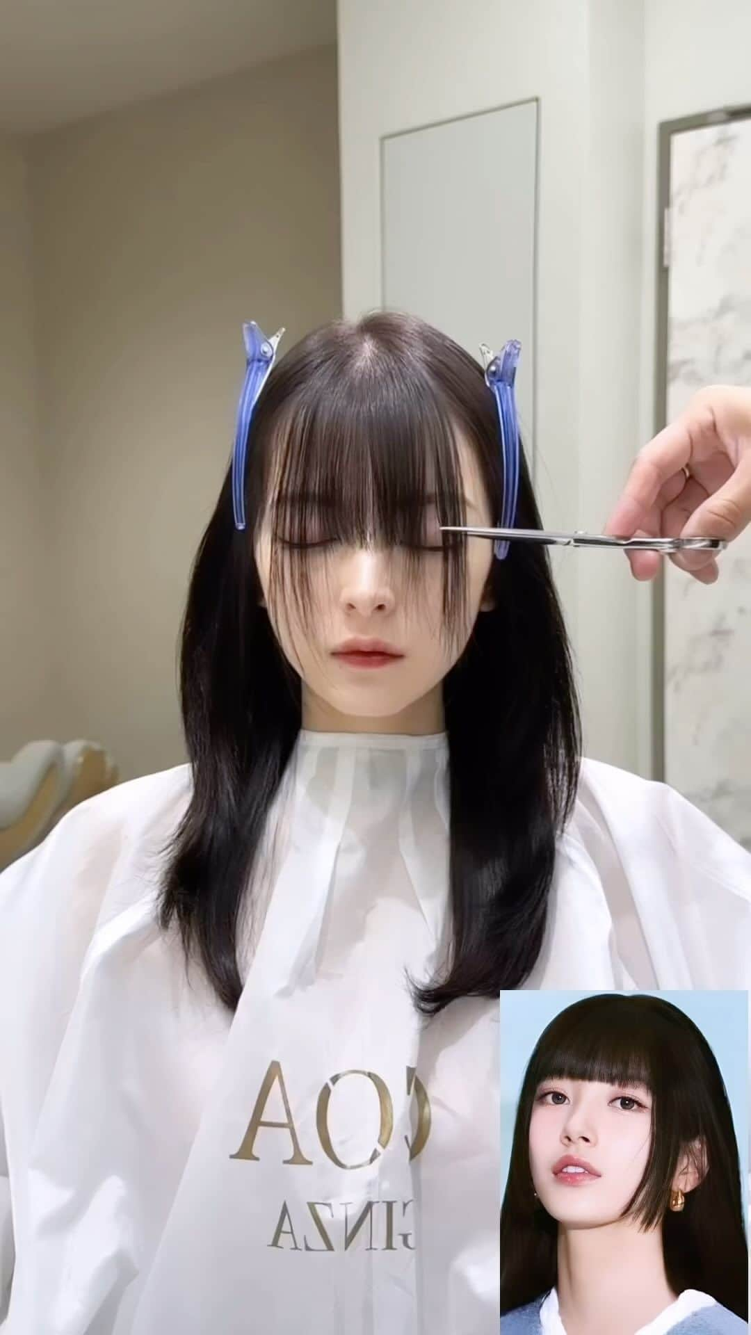 小西恭平のインスタグラム：「イ・ドゥナさん風、ぱっつん姫カット✂︎✨ 僕も今3話まで観ました✨  最近ぱっつん前髪と姫カットのオーダーがとても増えました！長さや太さなど、骨格によって似合う形が違うので、ご希望の方はお任せください😊」