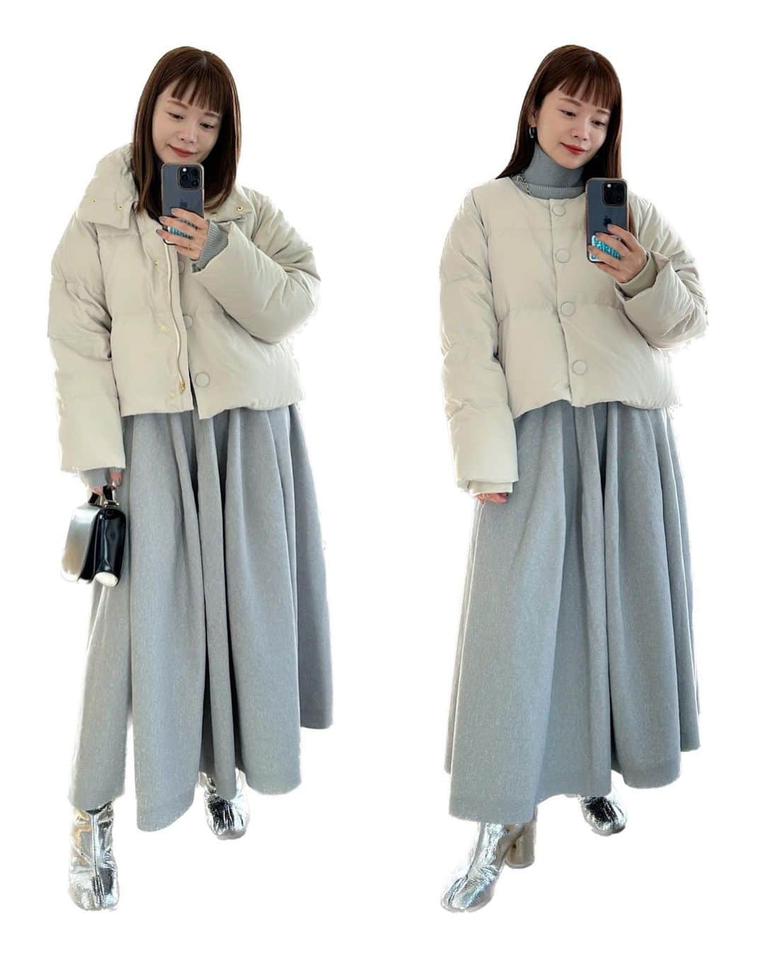 高山直子のインスタグラム：「今日はエクリュ🤍（ベージュ寄りのアイボリー） 襟部分の付け外しで表情が変わり、もちろん寒さの感じ方も違います⛄️ どっちにしても好きなアウター。 アイテムはタグ付けです🏷️」