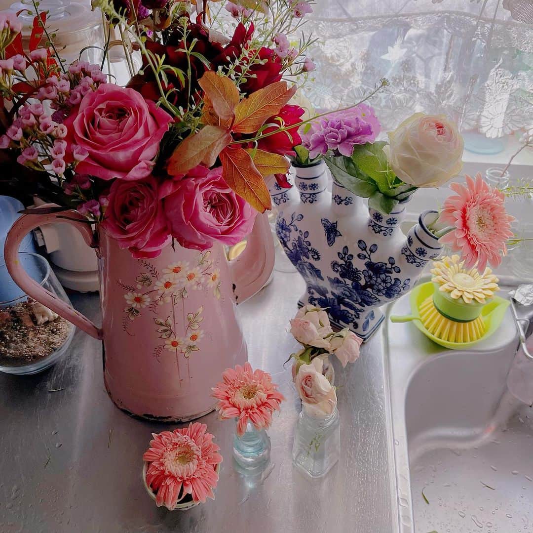 藤田朋子のインスタグラム：「ガーベラやミニバラは難しいですね #頑張れ #切花の生命は短くて #それでも気温が下がってきたから頑張ってくれてるよ #お花が好き #flure #flowers #love #jaime #ガーベラ好き」