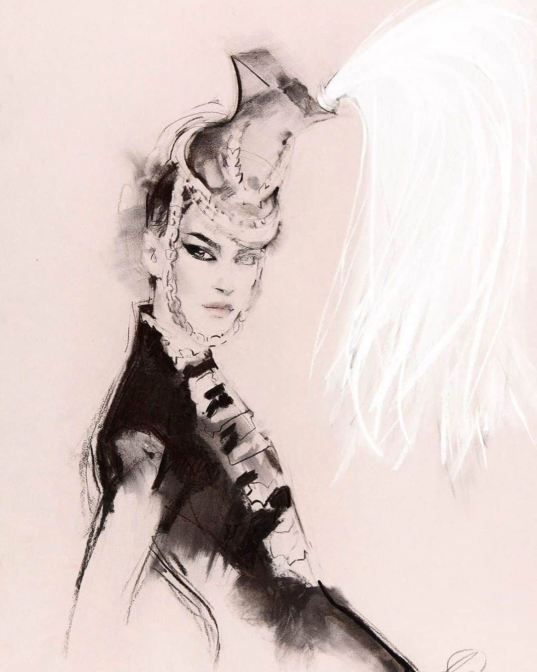 フィリップトレーシーのインスタグラム：「Repost• @daviddownton THÉÂTRE DE LA MODE opening on Wednesday 15th November @cromwellplace Here, Alexander McQueen’s first collection for Givenchy in July 1997. Looking back, leaping forward. Charcoal and pastel on Mi Teintes paper. @graymca #ddtheatredelamode 🖤」