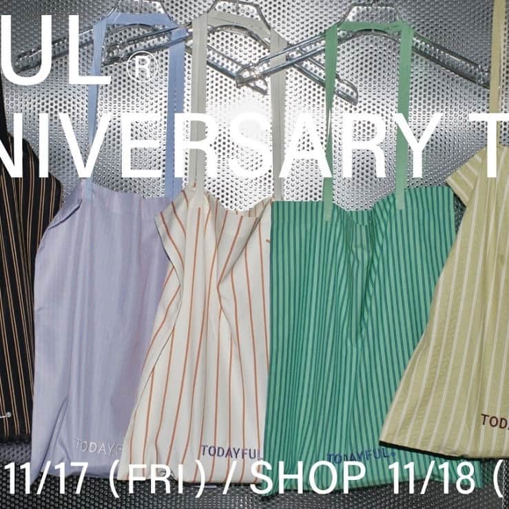 のインスタグラム：「10TH ANNIVERSARY TOTE BAG ⁡ TODAYFUL 10周年を記念し、5種類のストライプ生地に刺繍ロゴをほどこした限定トートバッグ。配色のロゴやラグランテープの持ち手など、ディテールにこだわったA4サイズもしっかりおさまるトートです！ ⁡ 期間中に TODAYFULオリジナルアイテムを ご購入の方へおひとつプレゼント♡ ⁡ online store  11 / 17（ fri ）20:00〜 直営店　　　11 / 18（ sat ）11:00〜 ⁡ （ 通常販売もおこないます 3.300yen / 全5色 ） ⁡ #todayful10thanniversary #todayful」