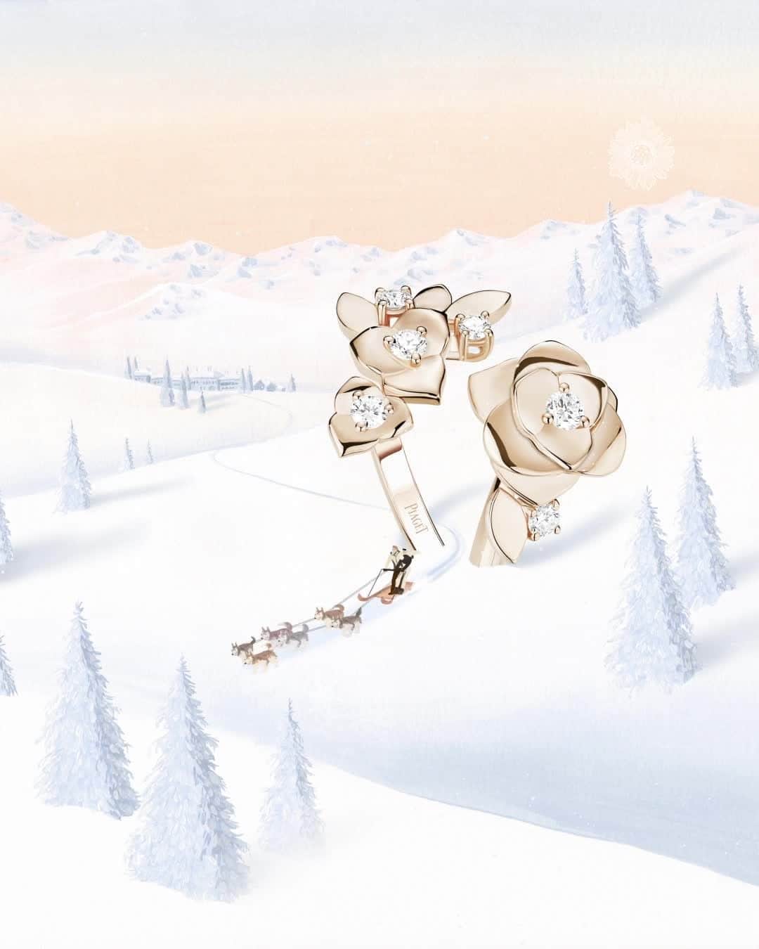 ピアジェのインスタグラム：「Hello snow. Hello bliss. La Côte-aux-Fées sends you a wintery kiss. Feel the rosy glow this season with the Piaget Rose ring. An exceptional creation with goldpetals and diamond accents to adorn every morning.  Illustration by @yukiko.noritake  #Piaget #MaisonOfExtraleganza  #PiagetSociety #Piagetholidays #PiagetRose」