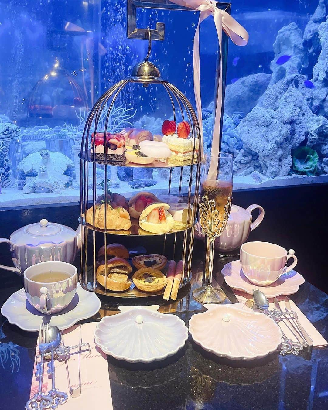 桜咲姫奈のインスタグラム：「新宿三丁目にある アクアリウムダイニング (@aquarium_jemare )  アフタヌーンティー いちごさん🍓  店内も水族館みたいで たのしくてすき(⁎ᴗ͈ˬᴗ͈⁎)♡  #新宿グルメ  #新宿カフェ  #アクアリウムダイニングjemare  #アフタヌーンティー」