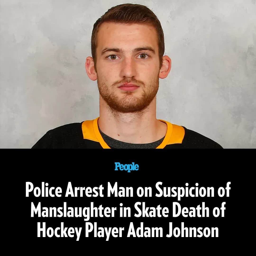 People Magazineのインスタグラム：「A man has been arrested in connection to the death of hockey player Adam Johnson.  The South Yorkshire Police Department confirmed that a man was arrested Tuesday on suspicion of manslaughter following the 29-year-old British athlete's death which has been considered “a freak accident" after opponent Matt Petgrave's skate slashed Johnson's neck.  Tap the link in bio for more details.  📷: Getty」