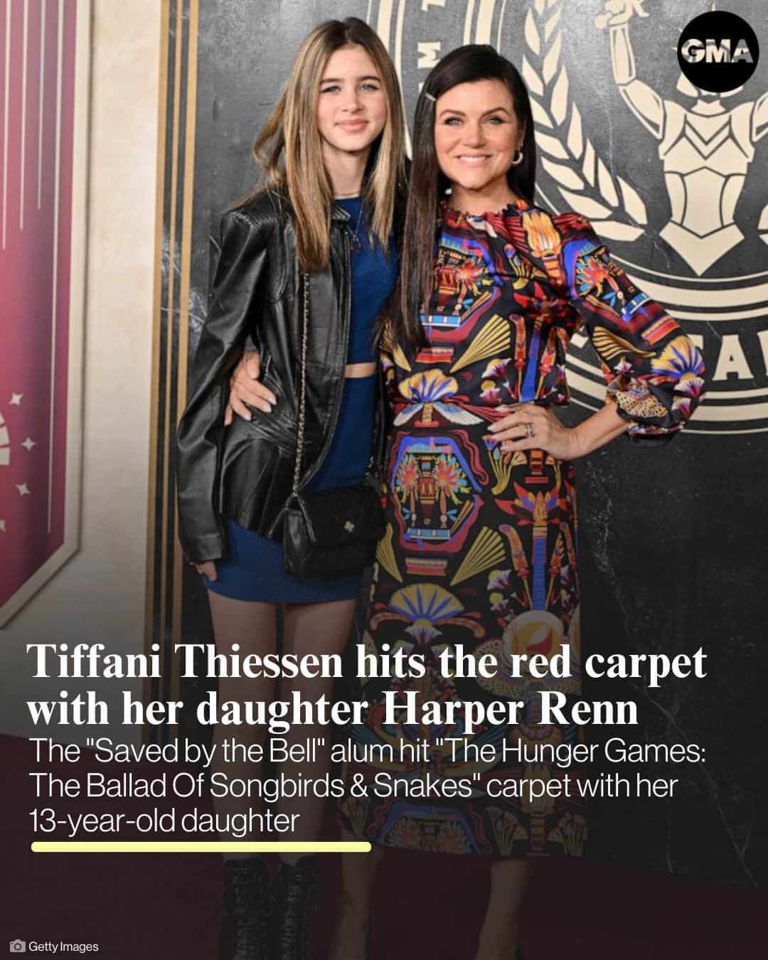 Good Morning Americaのインスタグラム：「Tiffani Thiessen stepped out at the Los Angeles premiere of "The Hunger Games: The Ballad Of Songbirds & Snakes" with a special date: her daughter Harper Renn.  The "Saved by the Bell" alum hit the red carpet with her 13-year-old daughter at the TCL Chinese Theater for the star-studded event on Nov. 13.   Check out more at our link in bio.」